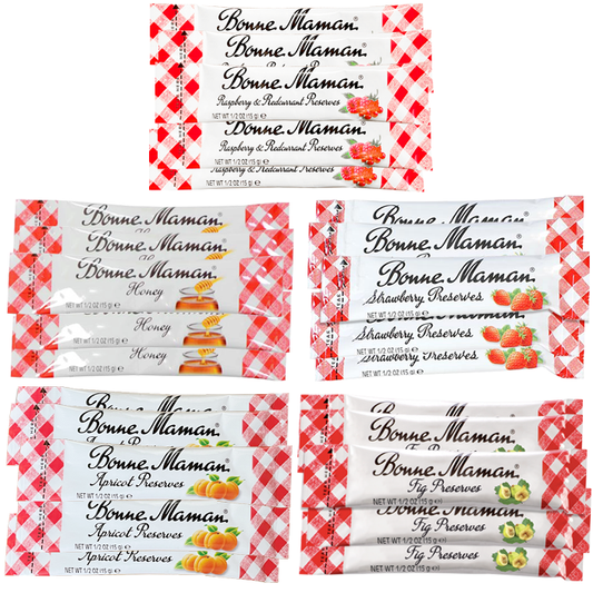 Gift Box of 25 Bonne Maman 0.5 oz. Preserve Packets (5 Strawberry, 5 Raspberry-Redcurrant, 5 Apricot, 5 Fig & 5 Honey)