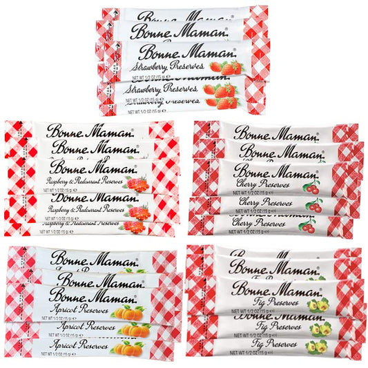 Gift Box of 25 Bonne Maman Gourmet 0.5 Oz Preserve Packets (Strawberry, Raspberry, Cherry, Apricot & Fig)