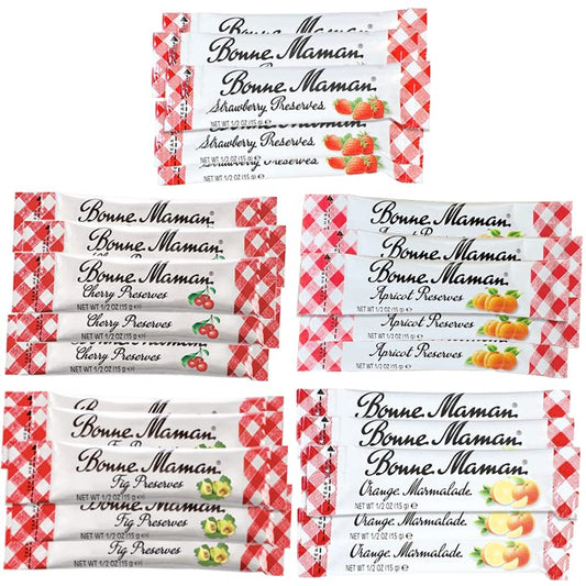 Gift Box of 25 Bonne Maman Gourmet 0.5 Oz Preserve Packets (Strawberry, Cherry, Apricot, Fig & Orange)