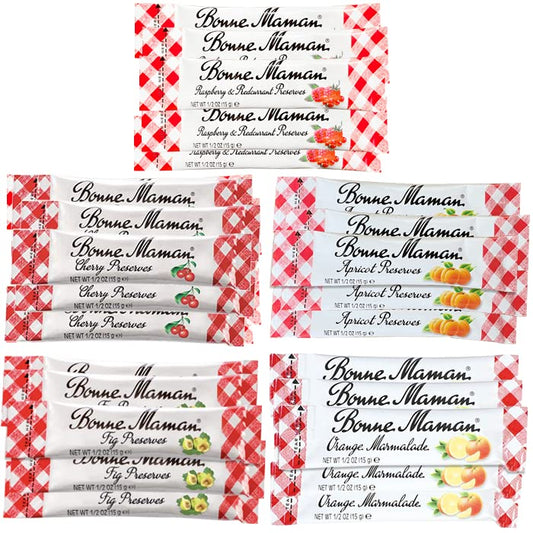 Gift Box of 25 Bonne Maman Gourmet 0.5 Oz Preserve Packets (Raspberry, Cherry, Apricot, Fig & Orange)