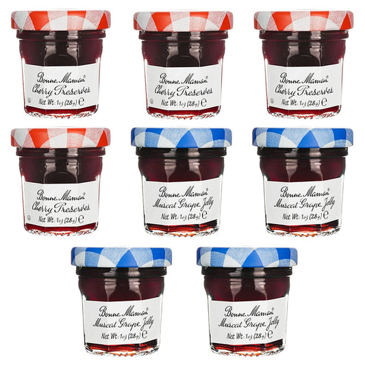 Gift Box of 8 French Gourmet Preserves, 1 oz. Mini Jars (4 Each of Cherry & Grape)