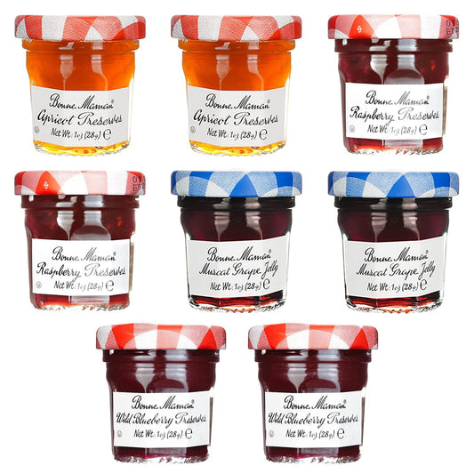 Gift Box of 8 French Gourmet Preserves, 1 oz. Mini Jars (2 Each of Apricot, Raspberry, Grape & Blueberry)