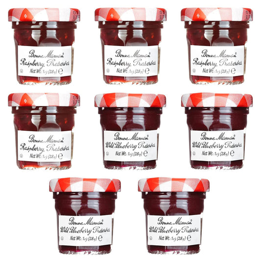 Gift Box of 8 French Gourmet Preserves, 1 oz. Mini Jars (4 Each of Raspberry & Wild Blueberry)