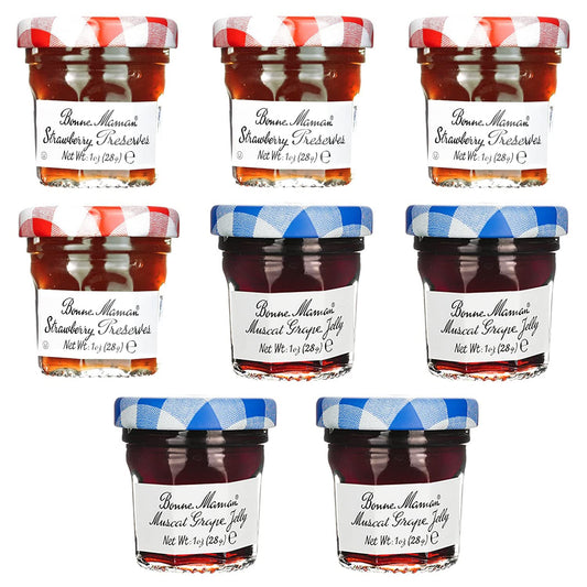 Gift Box of 8 French Gourmet Preserves, 1 oz. Mini Jars (4 Each of Strawberry & Grape)