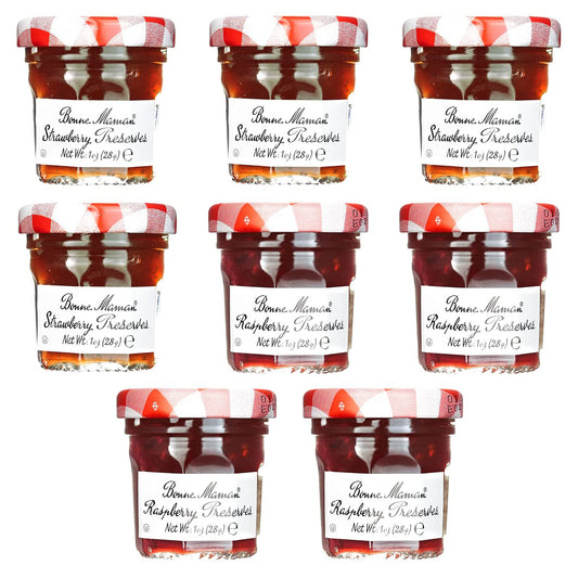 Gift Box of 8 French Gourmet Preserves, 1 oz. Mini Jars (4 Each of Strawberry & Raspberry)