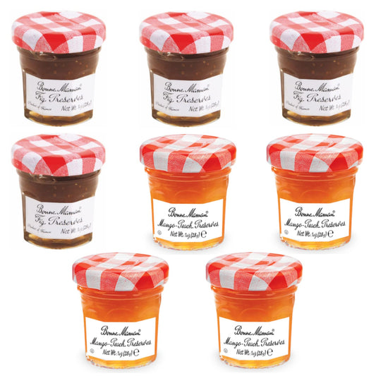 Gift Box of 8 French Gourmet Preserves, 1 oz. Mini Jars (4 Each of Fig & Mango Peach)