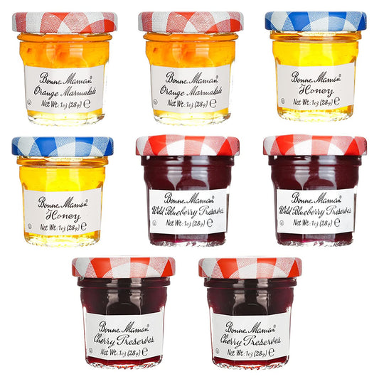 Gift Box of 8 French Gourmet Preserves, 1 oz. Mini Jars (2 Each of Orange, Honey, Blueberry & Cherry)