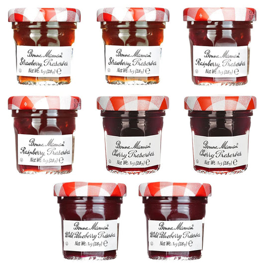 Gift Box of 8 French Gourmet Preserves, 1 oz. Mini Jars (2 of Strawberry, Raspberry, Cherry & Blueberry)